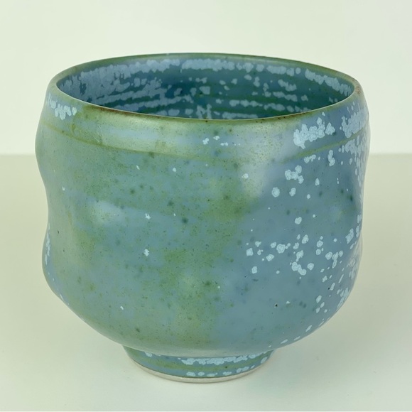 Organic Shape Freeform Pottery Cup Vase Artist Stamped H Blue Green Pedestal Bud - Picture 6 of 16